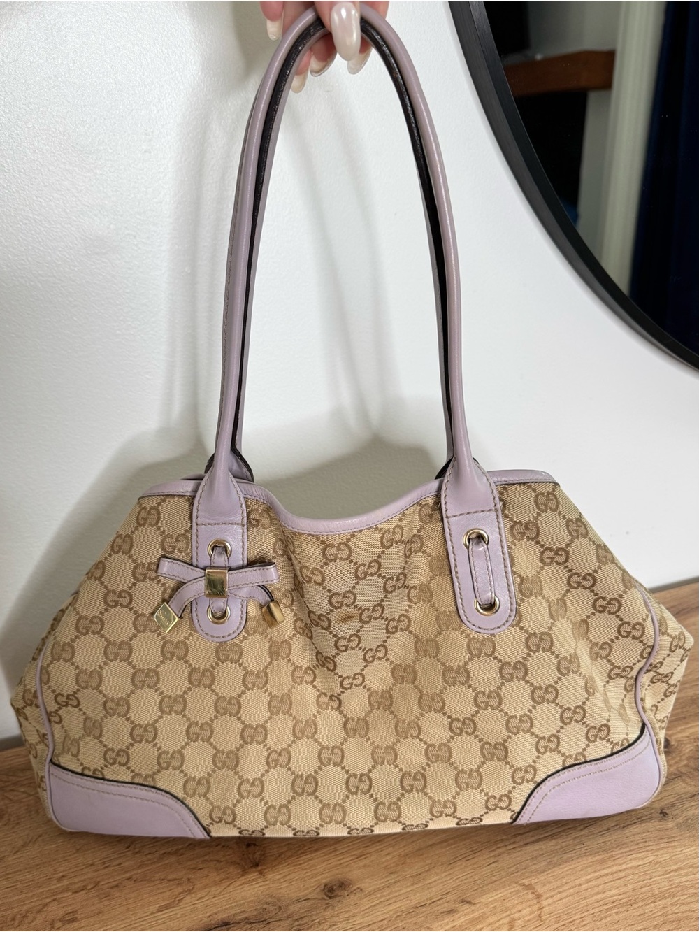 Authentic Gucci GG Monogram Canvas Princy Tote Beige Purple Leather Shoulder Bag